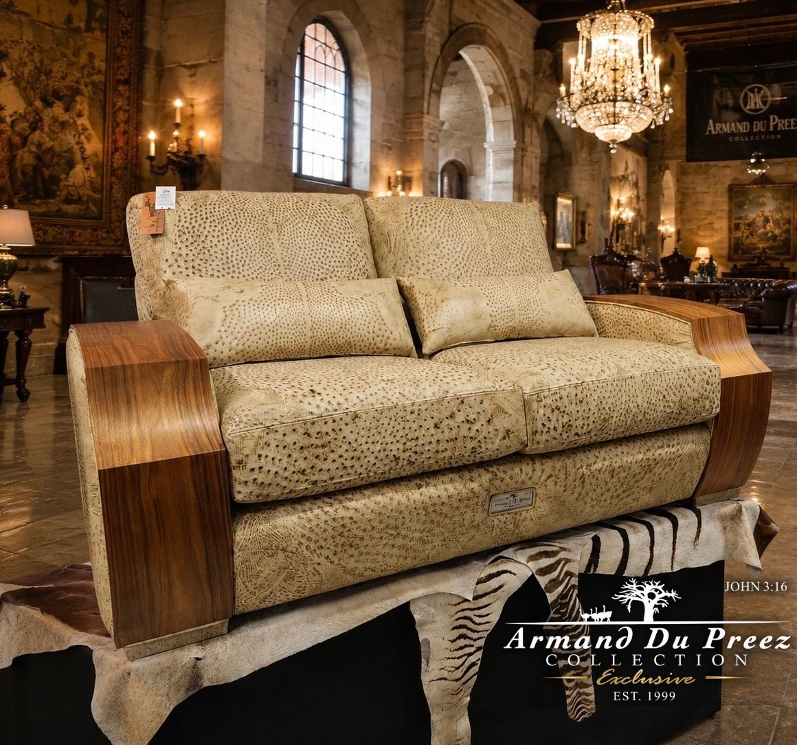 Italy showroom walnut-arms genuine ostrich leather sofa by the Armand du Preez Collection